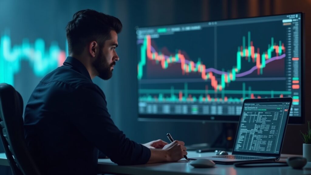 XRP Price Prediction: The Asset is Only 2% Away From a Key Breakout Zone Photorealistic trader in a modern news studio, looking at an XRP chart and a breakout line.