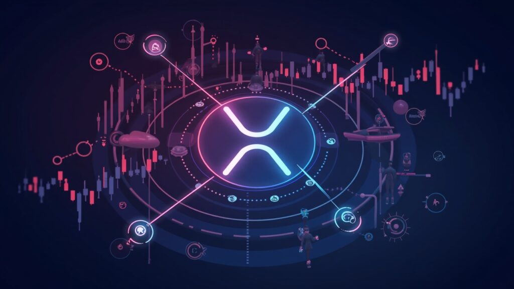 XRP defends key 2.154 dollar zone facing risk of bearish price breakdown XRP at center of price chart with death cross and possible double bottom, surrounded by institutional silhouettes.