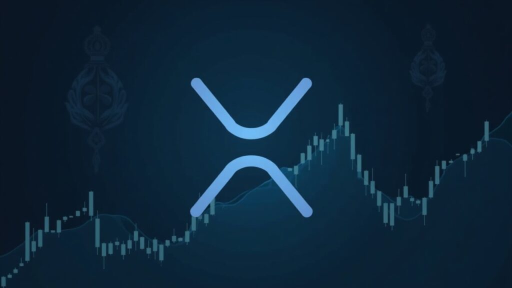 Realistic crypto header: XRP logo at center, bearish chart with triangle, regulatory background and subtle whale cues.
