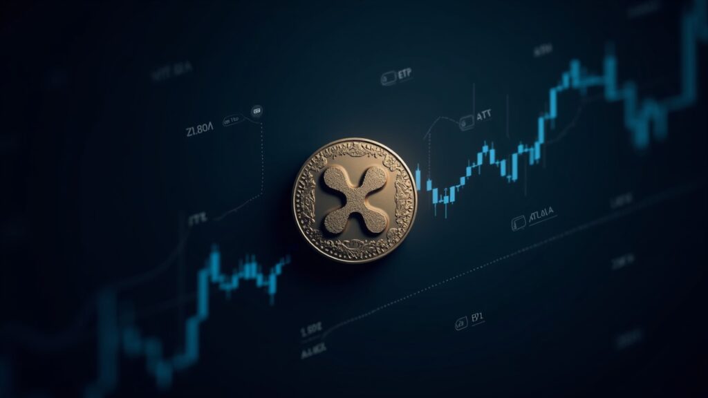 Photorealistic XRP coin in the center, ETF logos and market tickers in an informative crypto visual