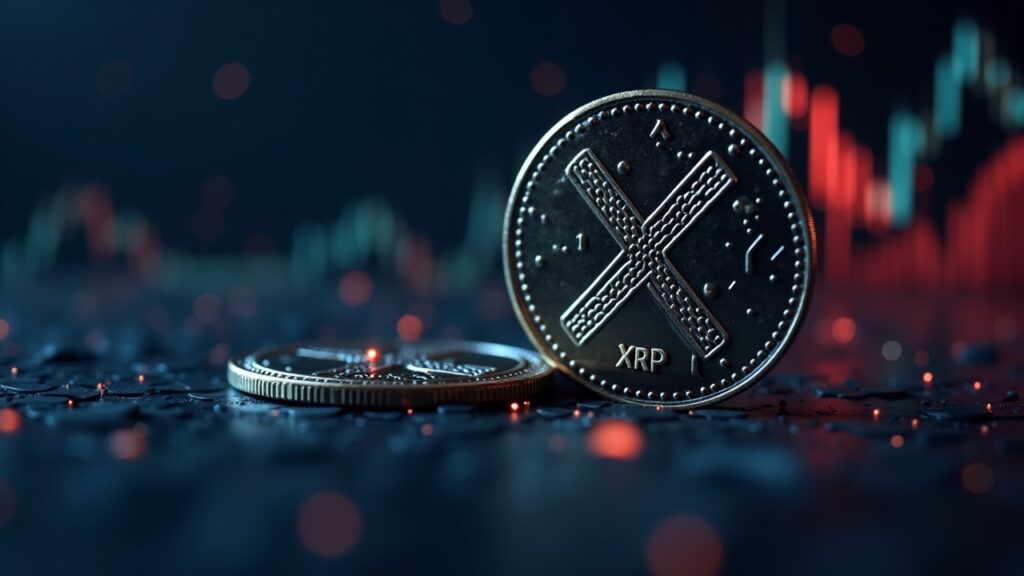 Photorealistic XRP coin with network nodes and rising exchange charts, indicating a bottom and regulatory risks.