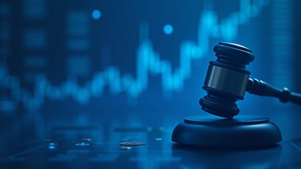 Photorealistic Nasdaq scene: XRP/XRPC tickers, blockchain motifs and a regulatory gavel, blue-gray tones, focus on ETF