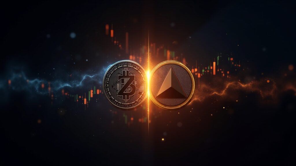 Zcash and Monero in dramatic split, with market charts and a futuristic privacy motif.