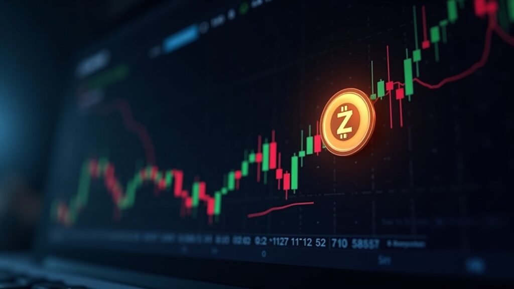 Realistic crypto newsroom scene with ascending Zcash chart, strong volume bars and bright ZEC logo, highlighting breakout and on-chain privacy.