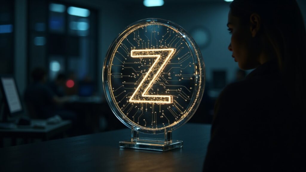 Zcash logo on glass, glowing zk-SNARK circuits and silhouette of an institutional investor, regulated privacy.