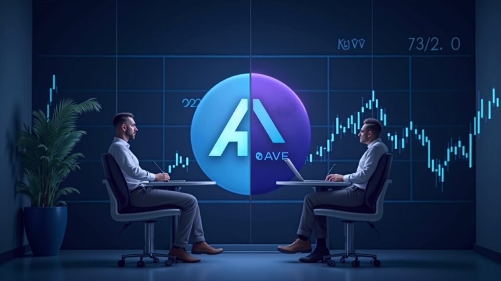 AAVE logo split by a voting icon with a whale sell-off over a data chart in a newsroom backdrop.