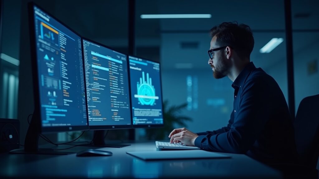 Aave DAO pushes back as interface fees shift away from treasury Photorealistic newsroom with a crypto analyst viewing a dashboard on Aave DAO treasury shifts and a central hologram.