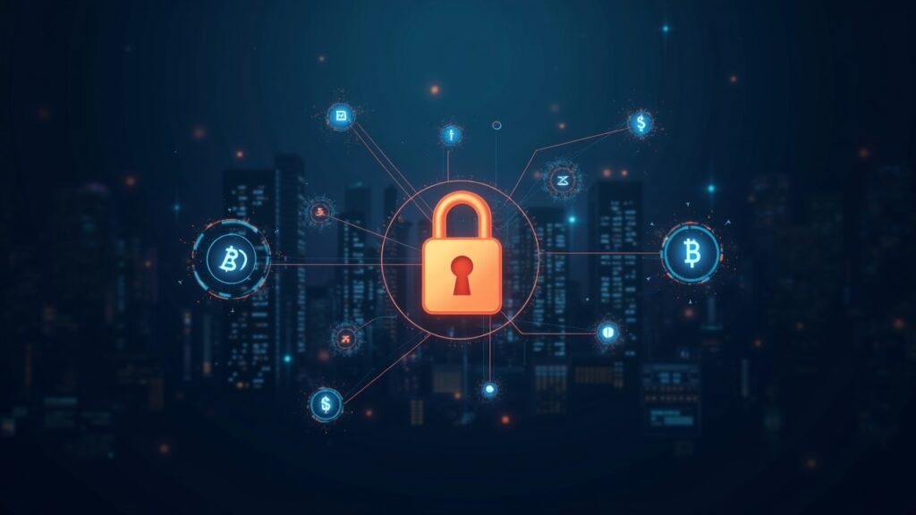 Photorealistic header: secure digital ID badge linked to tokens, with cryptographic seals and a decentralized cityscape.