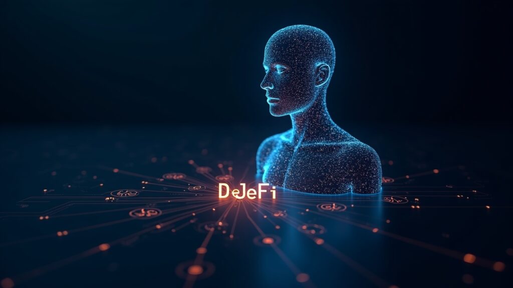 Photorealistic AI figure built from circuit lines towers over glowing DeFi contracts and logos with streaming code