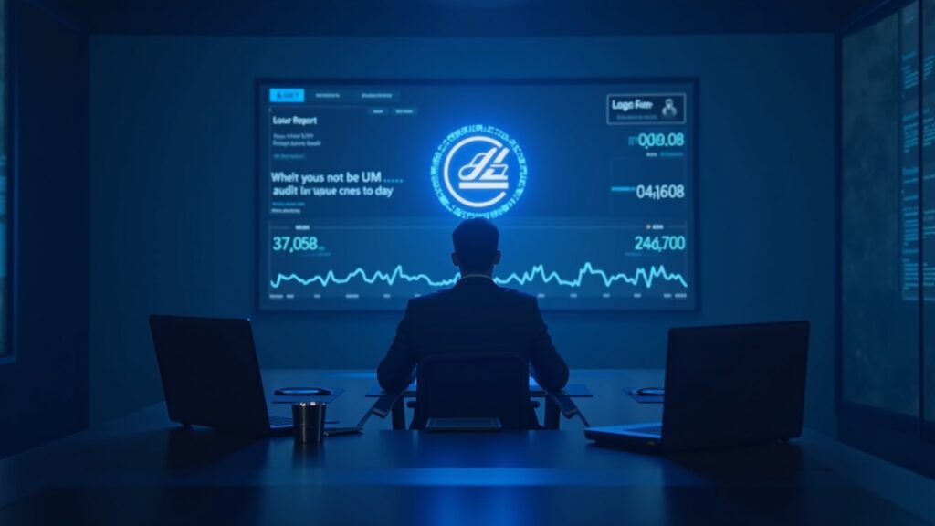 Photorealistic crypto boardroom with an executive, ALT5 logo, drifting Nasdaq ticker, and paused audit report in blue hues.