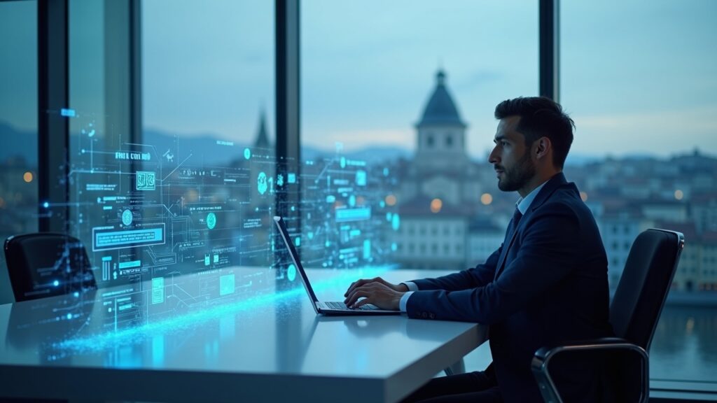 AMINA Bank Pioneer in Europe Launches Real-Time Ripple Cross-Border Payments Photorealistic header: Swiss bank executive at a desk with Ripple rails to RLUSD, Zurich skyline, FINMA emblem.