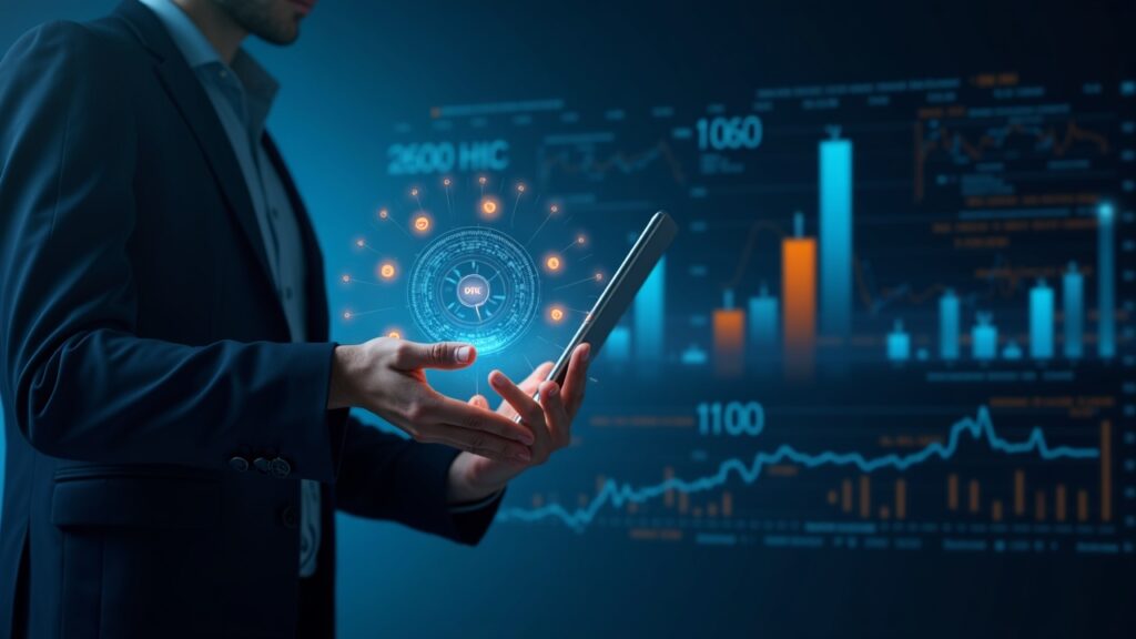 Photorealistic header with a suited analyst, holographic charts of stablecoins and tokenization, ETF tickers, and crypto visuals.