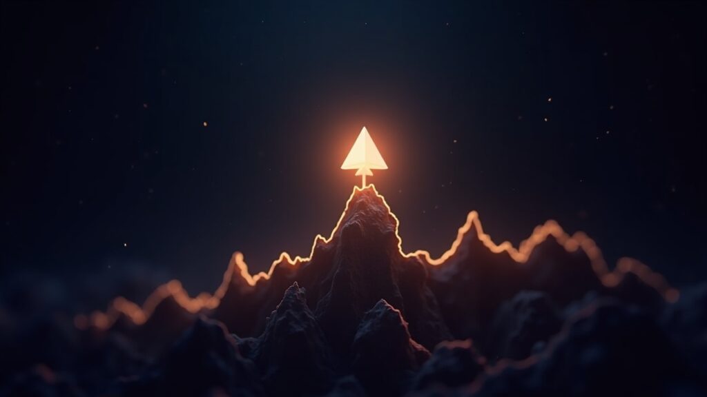 Photorealistic Aptos logo rising over a glowing crypto market chart with a subtle blockchain backdrop.