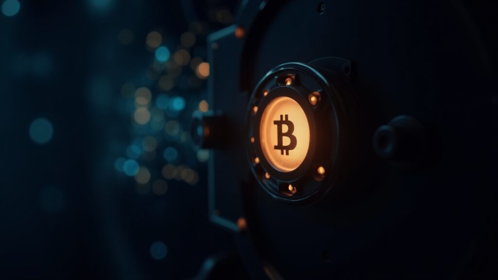 Photorealistic close-up of a secure blockchain vault with a glowing hash-based signature; a quantum computer in background.