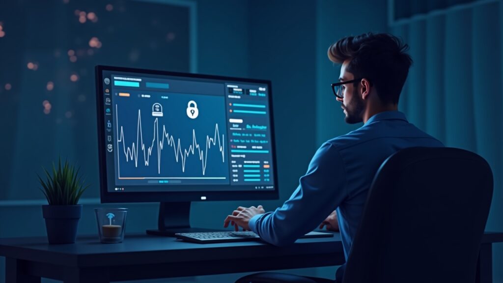 Aptos slumps 7% as token unlock weighs on sentiment Photorealistic crypto trader at a desk examining a dashboard with Aptos logo, vesting icons, and a downward price chart.