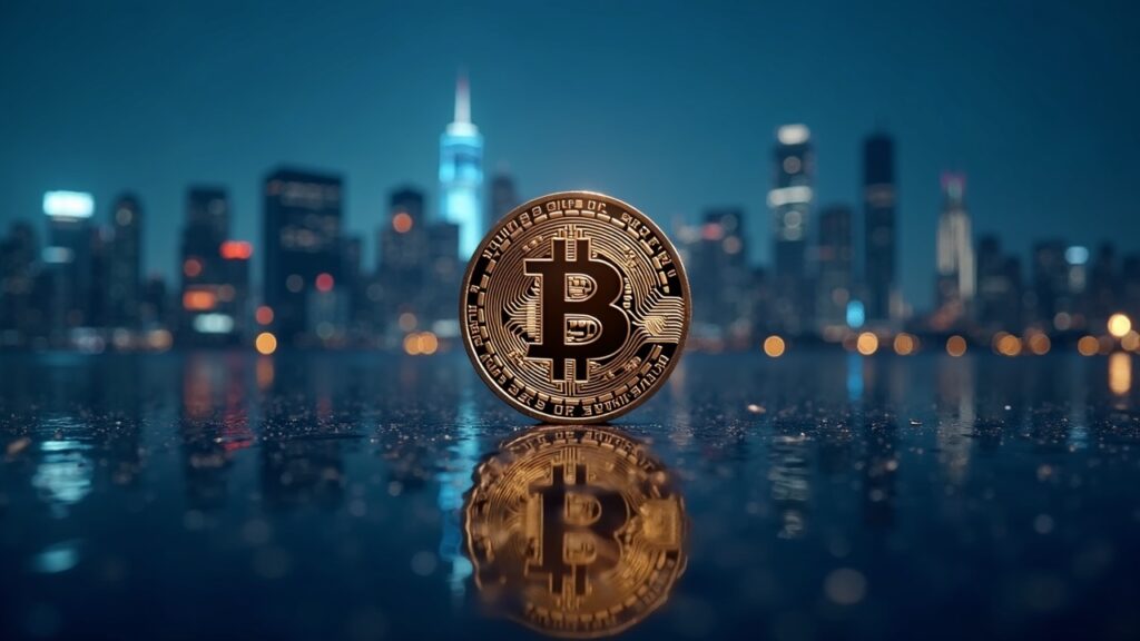 Bitcoin defends $90,000 level while liquidity decreases ahead of federal rate cut Centered Bitcoin coin with a sleek city skyline, fading liquidity streams, discreet Fed rate-cut icon in blue-gold hues.