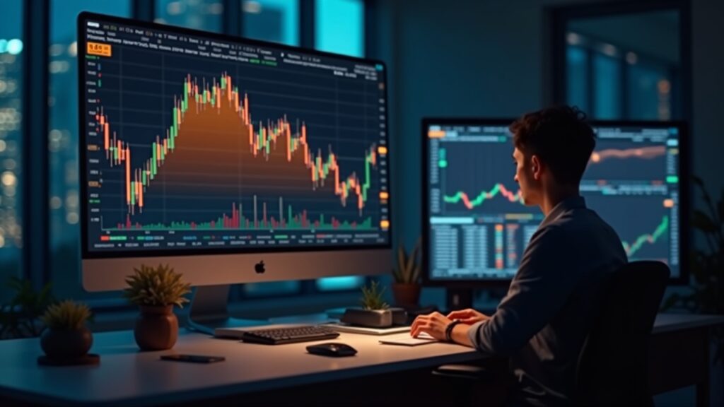 Photoreal crypto trading desk in Singapore with Bitcoin icon and a glowing price chart under 86k, Fed rate-cut odds.