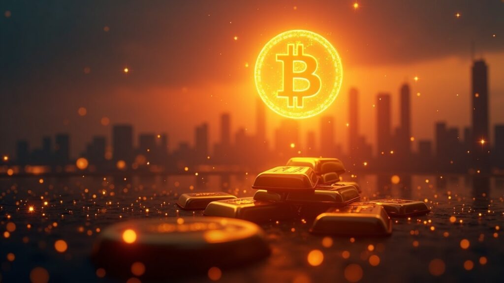 Bitcoin logo above a dawn Asia skyline with gold bars and digital networks signaling crypto safe-haven split.