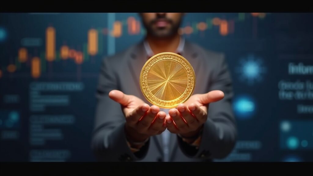 Central presenter unveils a glowing token representing fractional ownership of real assets, with a blockchain backdrop.