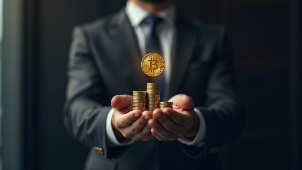 Wealth advisor presenting Bitcoin allocation to clients in a sleek bank setting, Bitcoin and ETF logos visible.