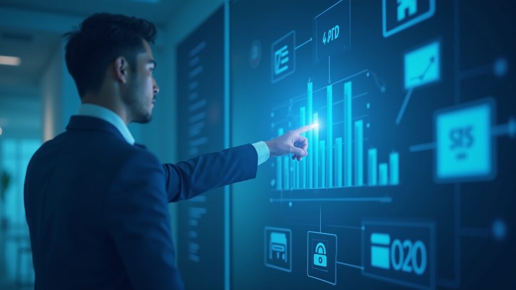 Seasoned wealth advisor points to a 1–4% digital asset allocation chart in a modern bank office with ETF icons.