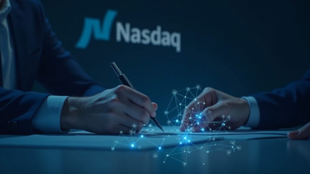 Photorealistic banker signs a digital-asset deal with holographic blockchain nodes and a Nasdaq backdrop.