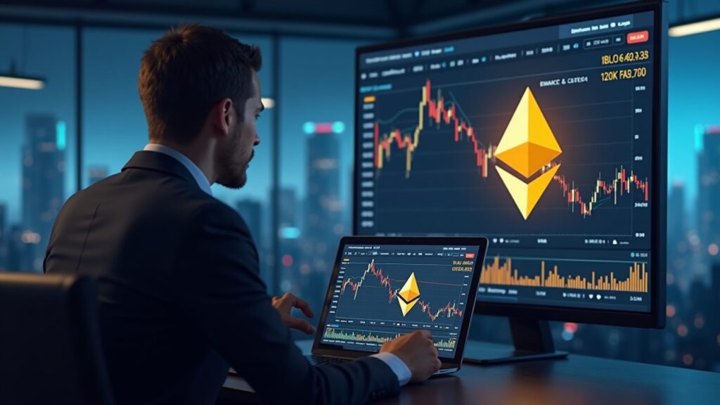 Photorealistic newsroom with a trader analyzing ETH option payoff charts, glowing ETH logo, Binance UI, and futuristic city.