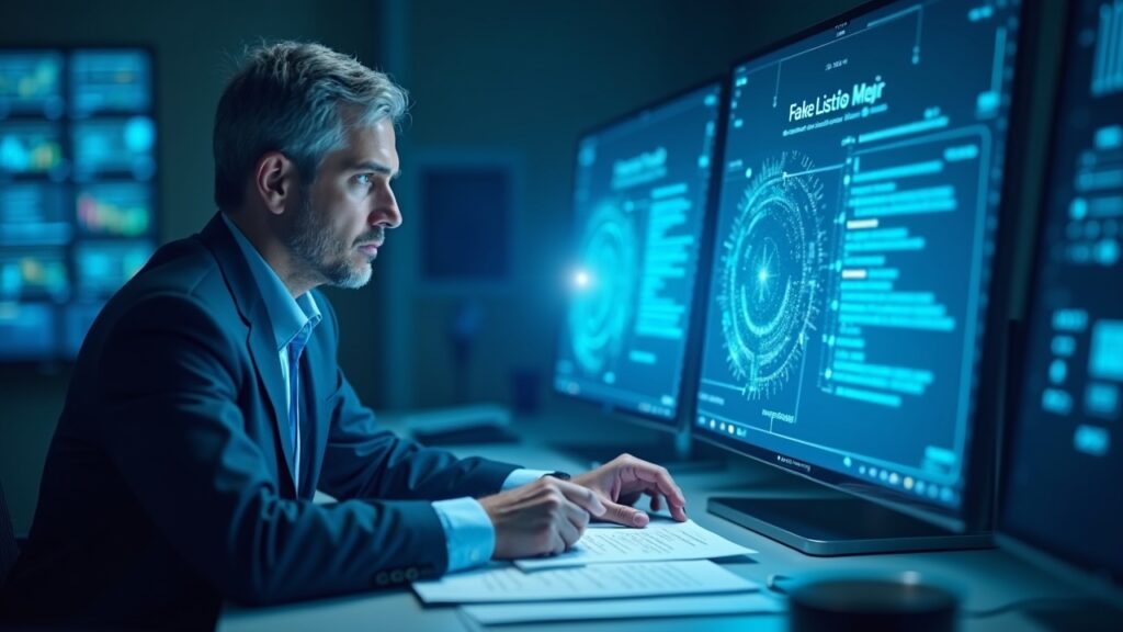 Photorealistic newsroom: analyst reviews token listing docs with holographic warning on fake agents and blue data streams.