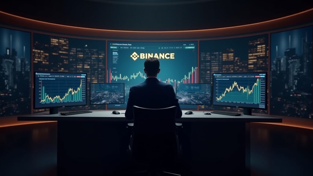 Bitcoin retail flows to Binance collapse to historic lows of 400 BTC Photorealistic crypto newsroom; analyst at desk; left shows falling Binance retail BTC inflows, right shows rising ETF inflows.