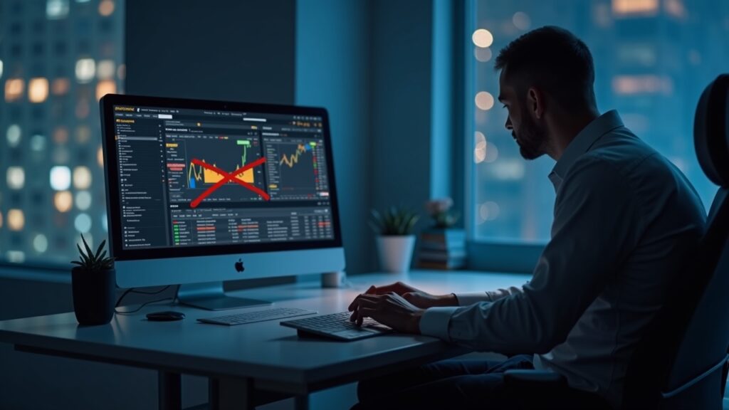 Photorealistic newsroom header: Ukrainian trader at a desk, Binance interface on screen, Visa/Mastercard logos crossed out.