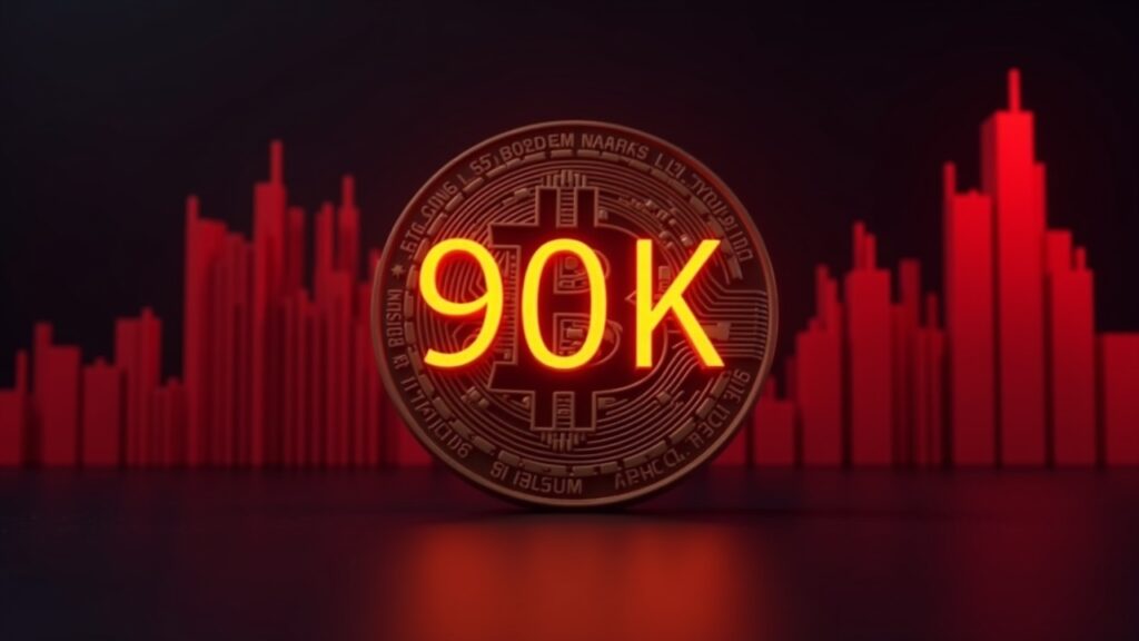 Bitcoin tags $90,000 as short squeeze wipes out $120 million Photorealistic Bitcoin coin centered with a glowing 90k tag and red cascading liquidation bars in a modern newsroom setting.