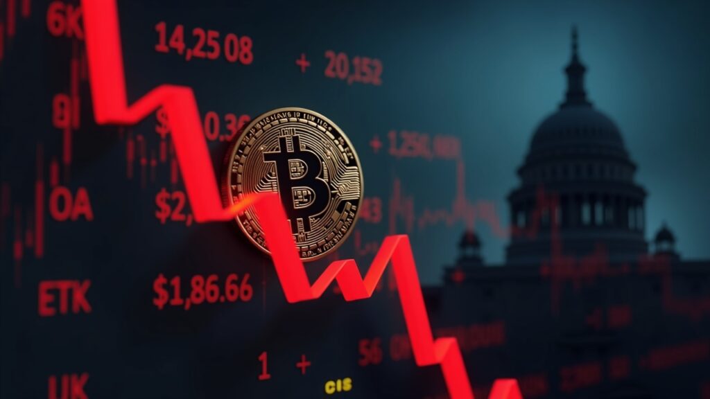 Newsroom scene: Bitcoin near $91k on a ticker, red outflow arrows from vaults, regulatory silhouette signaling anxiety.