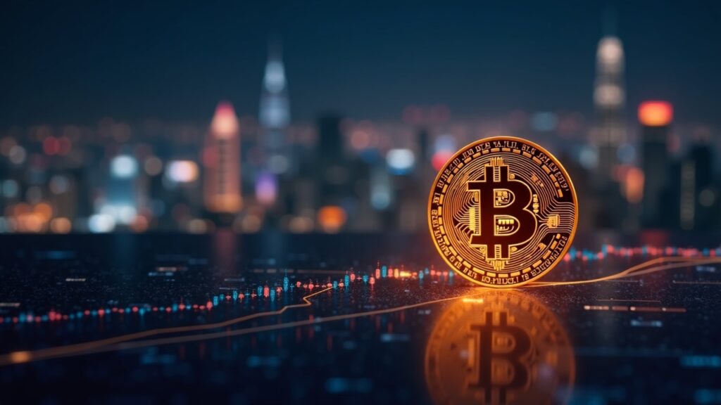 Bitcoin near $88k illuminated on a glassy stock chart, with a rising Asian skyline and AI-themed tech imagery.