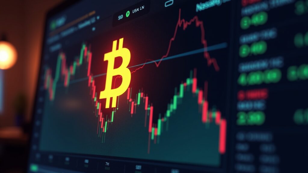 Photorealistic Bitcoin logo on glowing screen depicting a sharp downtrend with blurred Nasdaq futures in the background