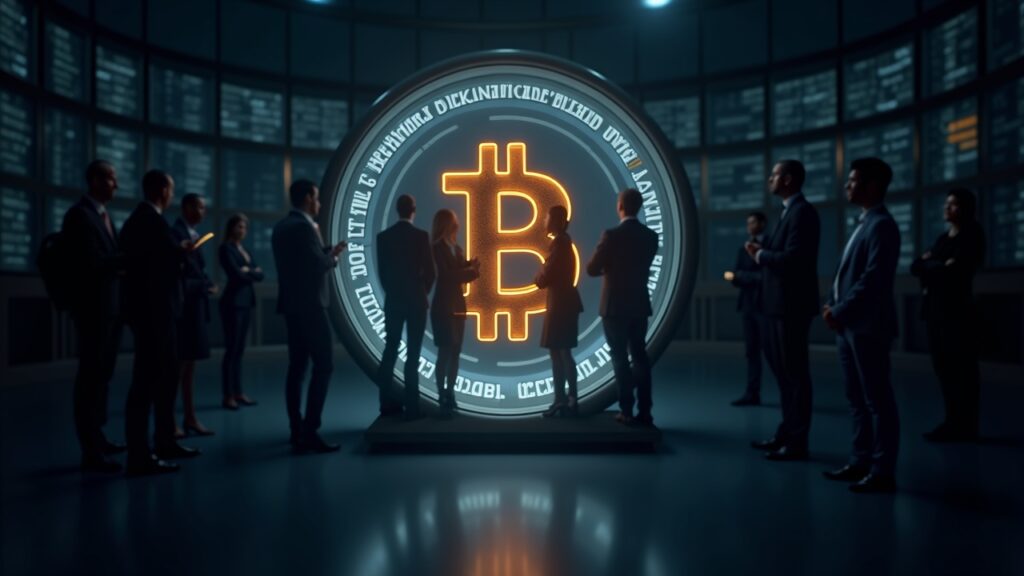 Photorealistic center shot of a BTC symbol over a glass vault, with suited professionals and glowing digital ledger.