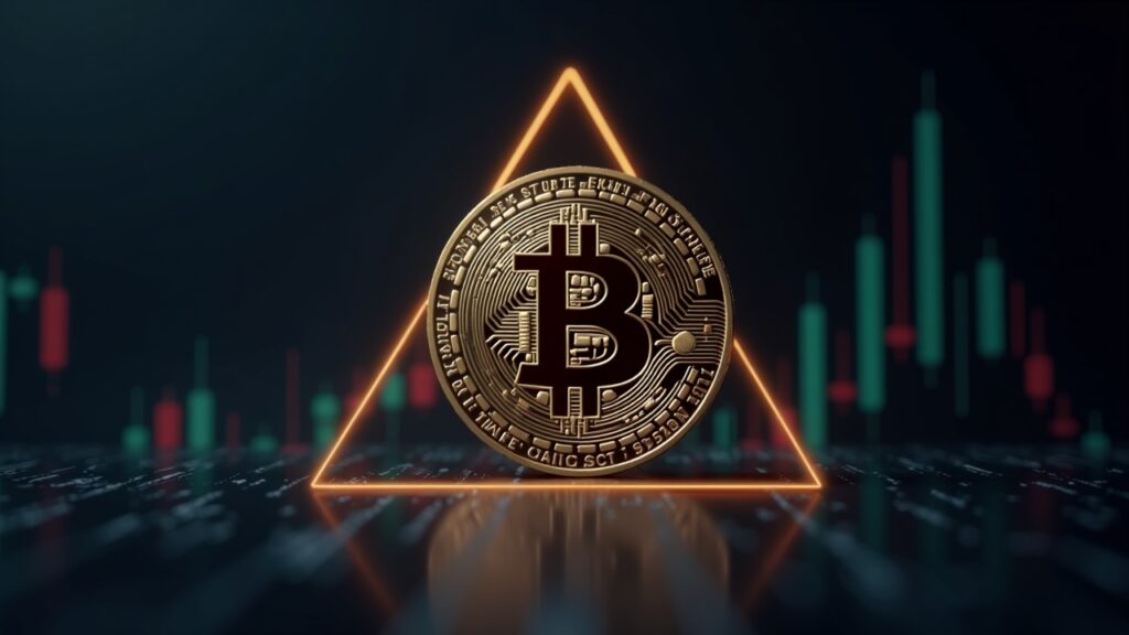 Photorealistic Bitcoin coin before a narrowing triangle near $88k, newsroom lighting highlighting institutional flows.