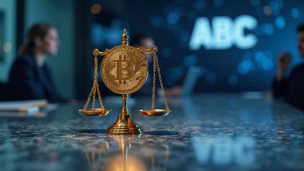 Bitcoin logo on a balance scale in a newsroom scene with blurred ABC branding and blockchain nodes