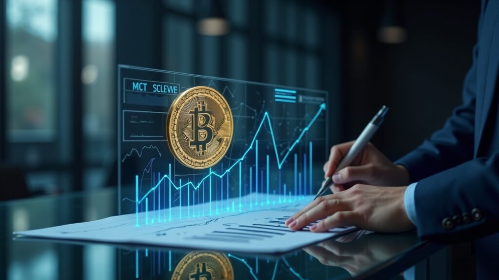 Sleek treasury office with a Bitcoin hologram, rising charts, and a strategist outlining a buy plan at a glass desk.