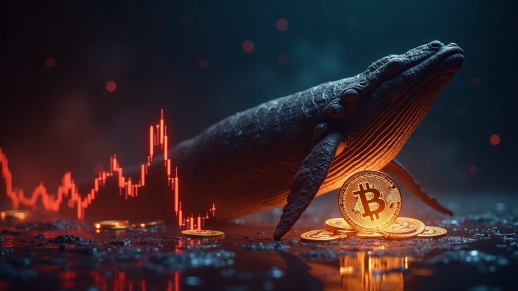 Photorealistic whale silhouette deposits coins into a glowing exchange chart, red price line trending toward $85k.