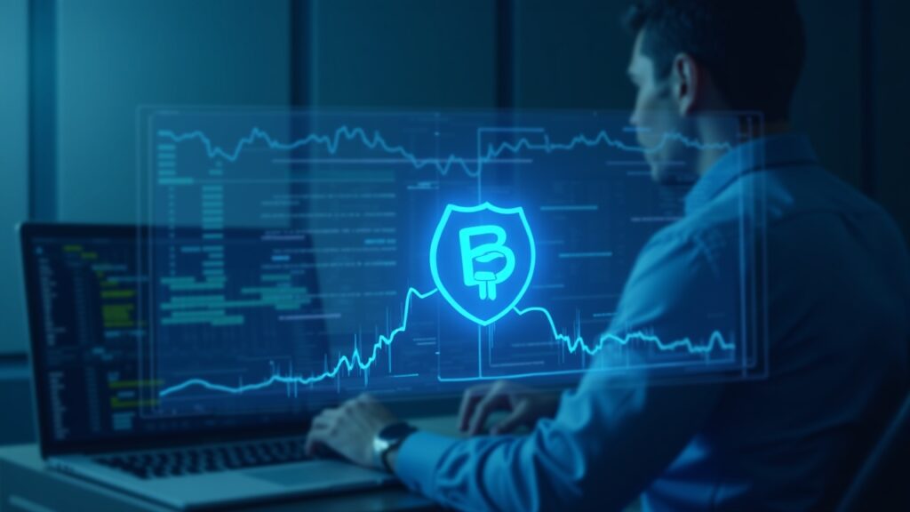 Center-shot of an analyst in an office, with a holographic Bitcoin chart peaking then dropping in blue-winter tones.