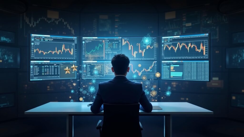 Bitget launches gold, forex and commodities markets for crypto users Crypto trader at a sleek desk with holographic screens displaying gold, oil, forex and indices.