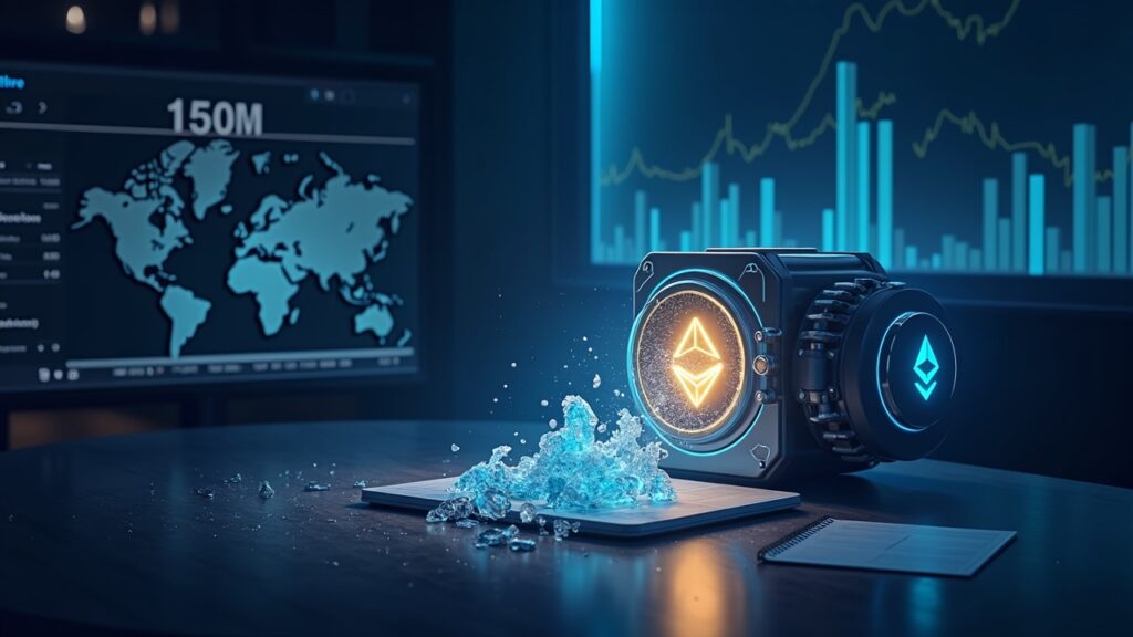 Sleek newsroom scene with glowing ether vault pouring into transparent treasury ledger beside charts and BitMine branding