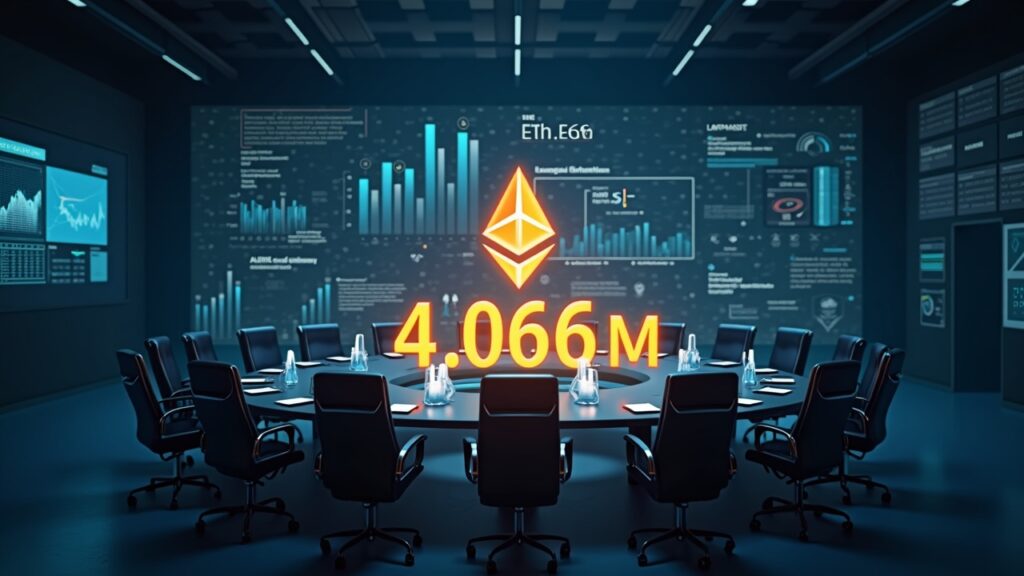 Photorealistic boardroom with a holographic Ethereum balance sheet showing 4.066M ETH.