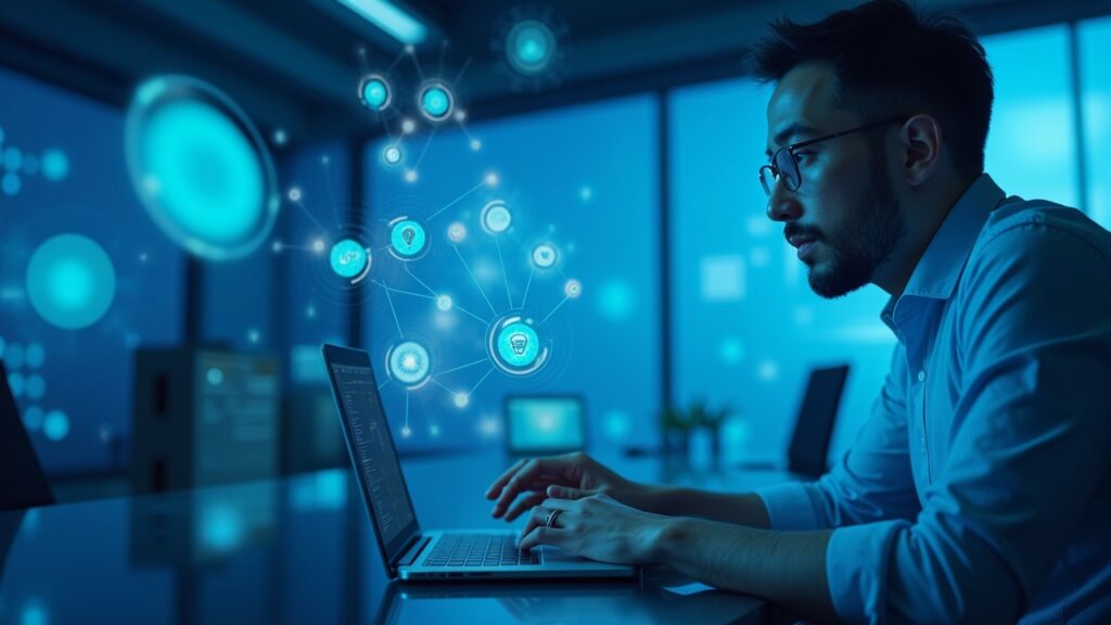 Photorealistic newsroom with a focused analyst as holographic tokens and smart contracts flow from a decentralized ledger, in a cool blue palette.