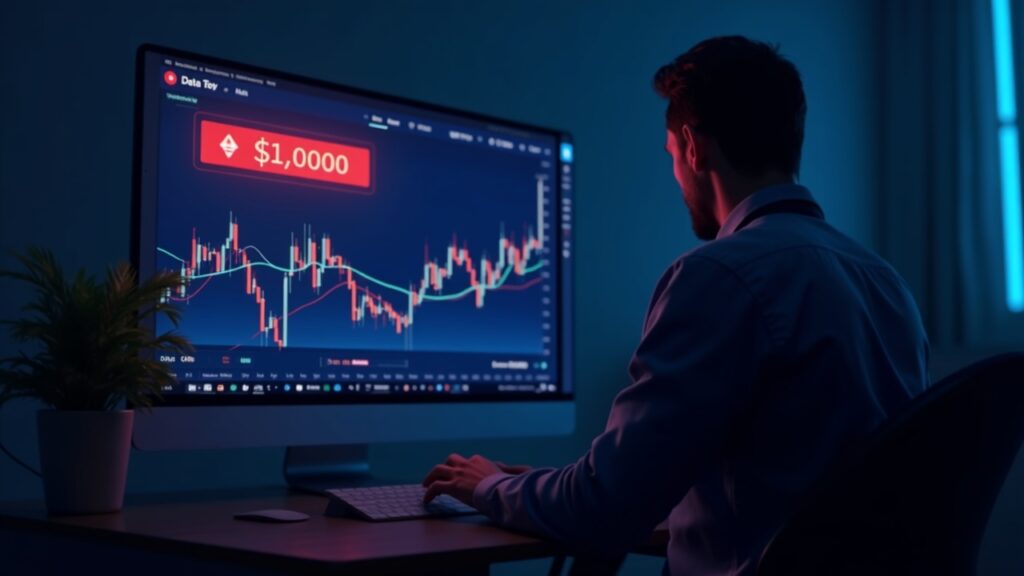 Photorealistic trading desk with a glowing BNB chart at $1000 and a red data feed error banner in neon blue.