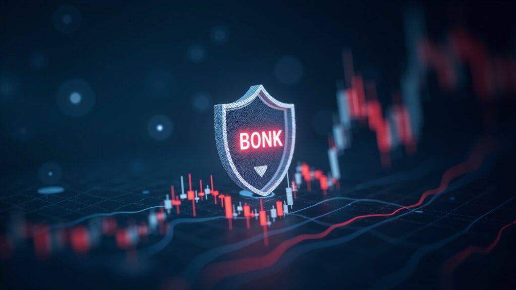 Photorealistic BONK hologram above a price chart with Swiss SIX backdrop and custody shield, symbolizing regulation.