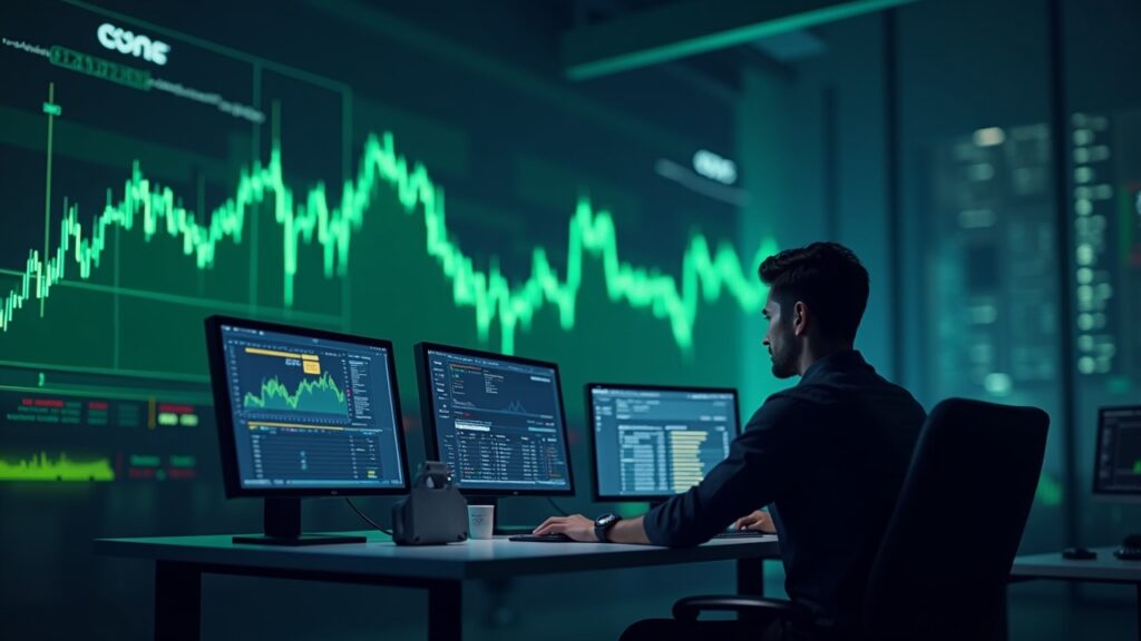 Photorealistic crypto newsroom, BONK price chart in a narrow range above green support line; analyst at screens.