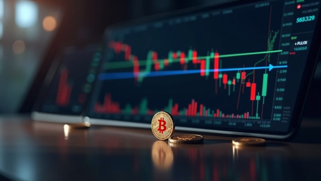 Photorealistic newsroom with a BONK token beside a price chart showing a downward trend channel and a red sentiment gauge.