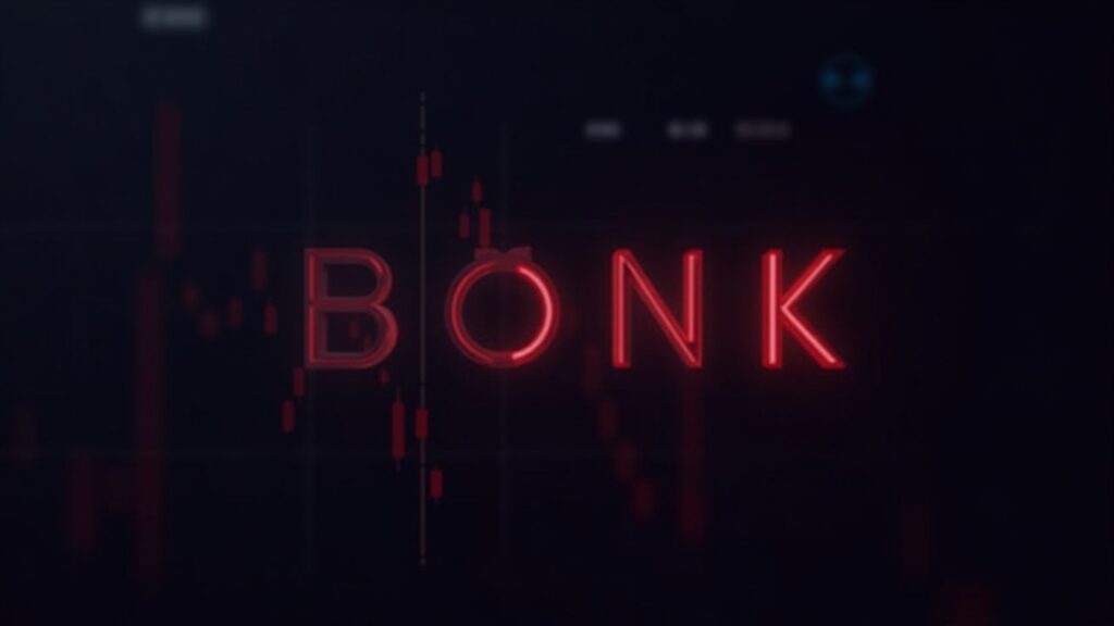 BONK drops 6.2% as elevated volume marks shift at key technical levels Photorealistic BONK logo atop a crypto trading dashboard with a red downward price line and rising volume bars.