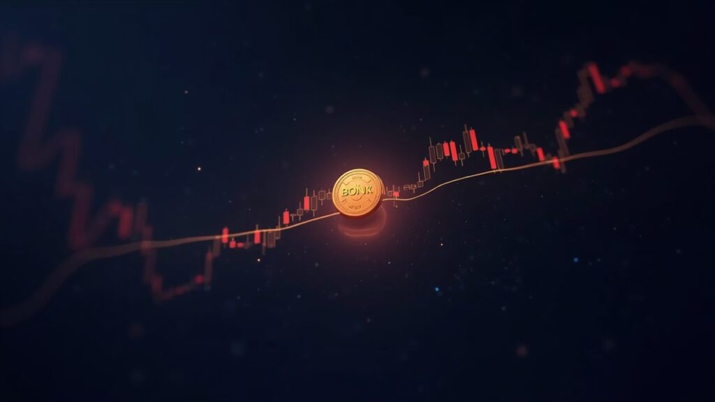 BONK stalks psychological 0.00001 dollar barrier following massive trading volume surge Photoreal BONK token over a trading chart with a glowing resistance line, Solana backdrop, newsroom vibe.